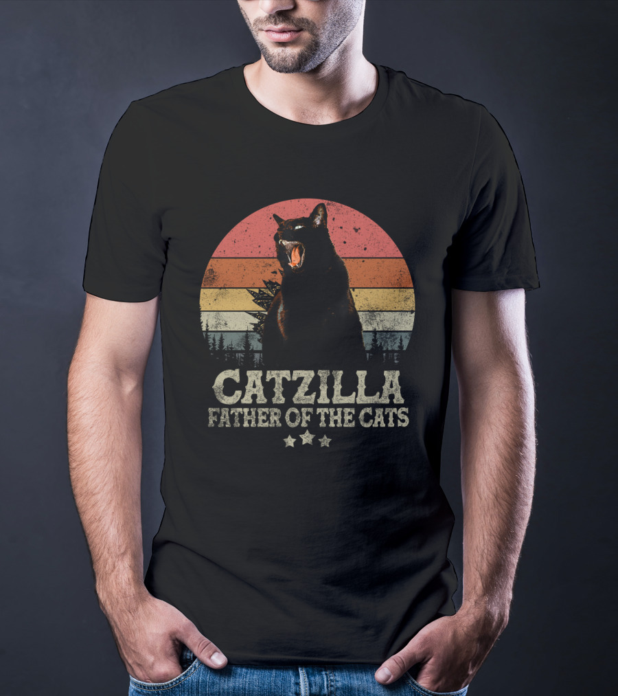 Catzilla Father Of The Cats Retro Sunset Roar T-Shirt