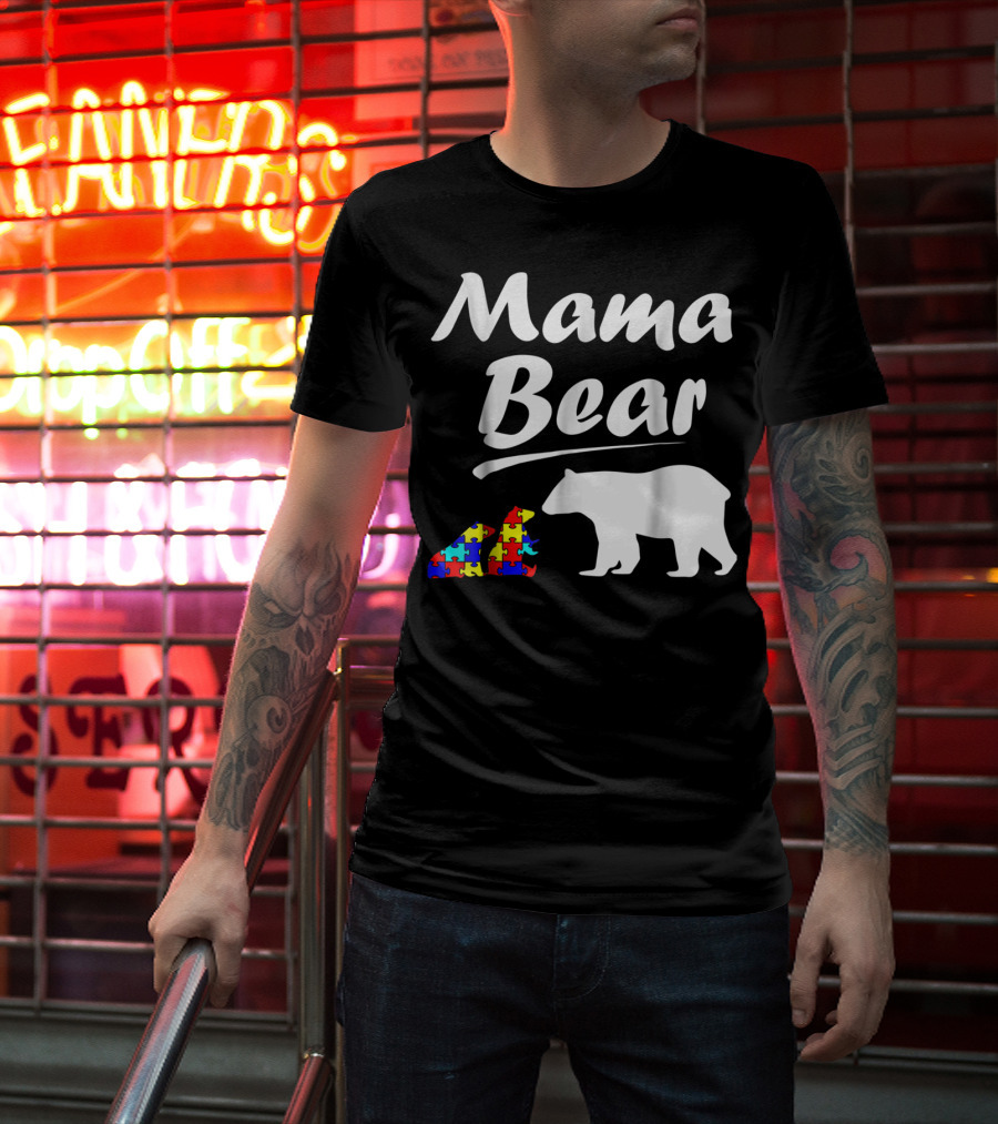Mama Bear Autism Awareness Mom With Two Puzzle Piece Cubs T-Shirt
