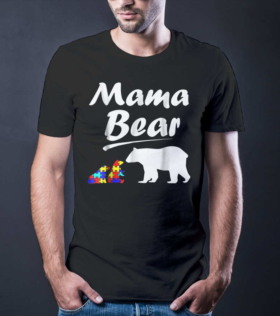 Mama Bear Autism Awareness Mom With Two Puzzle Piece Cubs T-Shirt