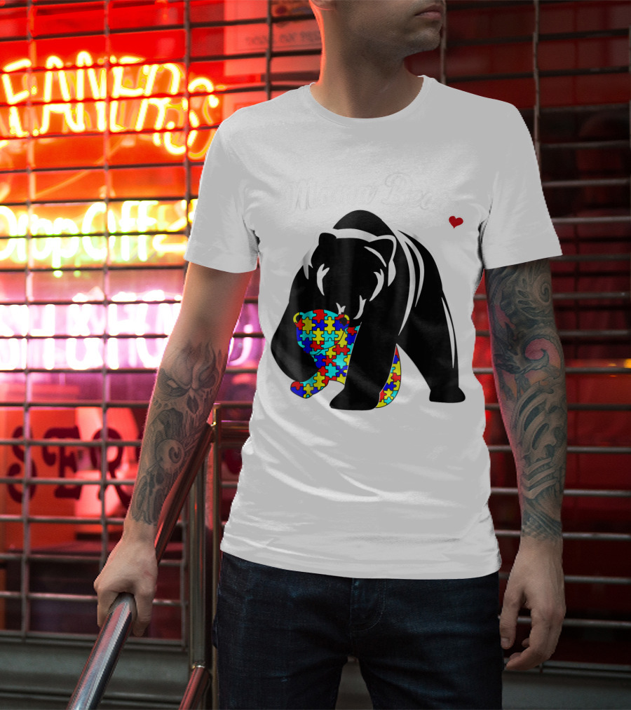 Mama Bear Autism Awareness Love Support Mom Puzzle Heart T-Shirt