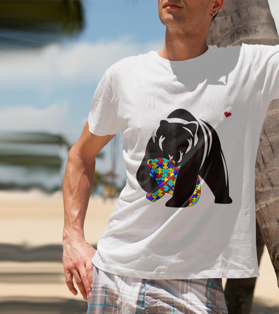 Mama Bear Autism Awareness Love Support Mom Puzzle Heart T-Shirt