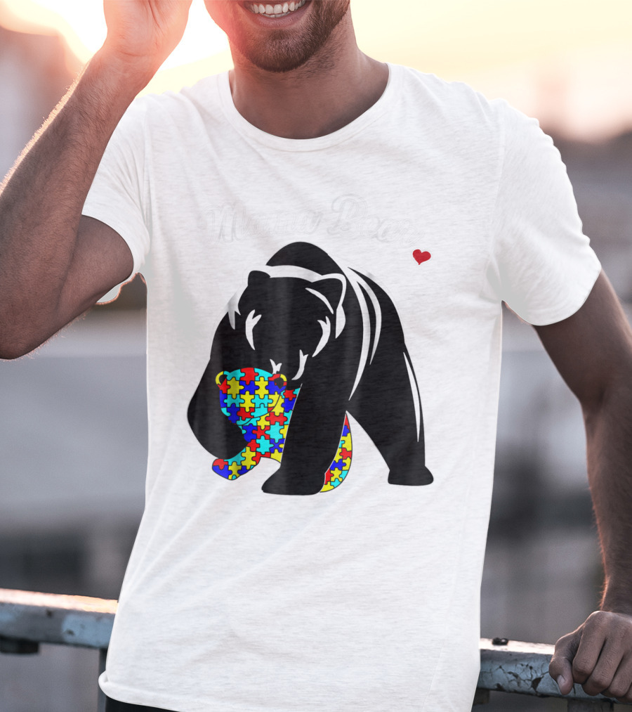 Mama Bear Autism Awareness Love Support Mom Puzzle Heart T-Shirt