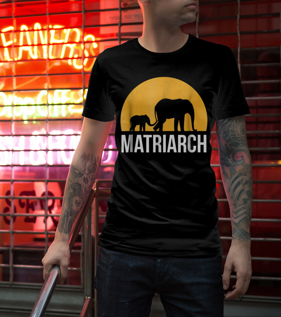 Matriarch Elephant Silhouette With Yellow Sunset Circle T-Shirt