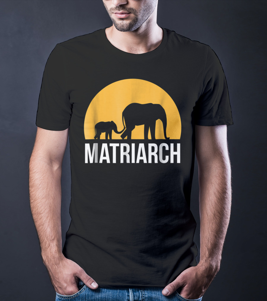 Matriarch Elephant Silhouette With Yellow Sunset Circle T-Shirt