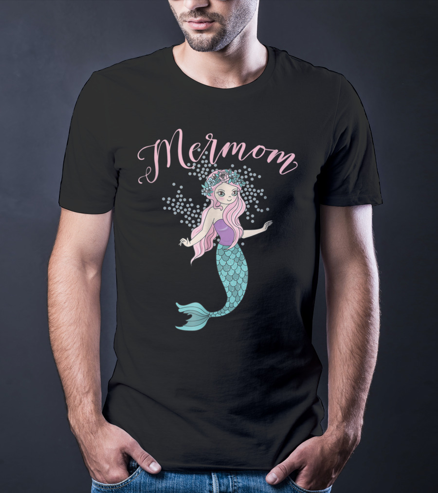 Mermom Mermaid With Pink Hair And Floral Crown T-Shirt