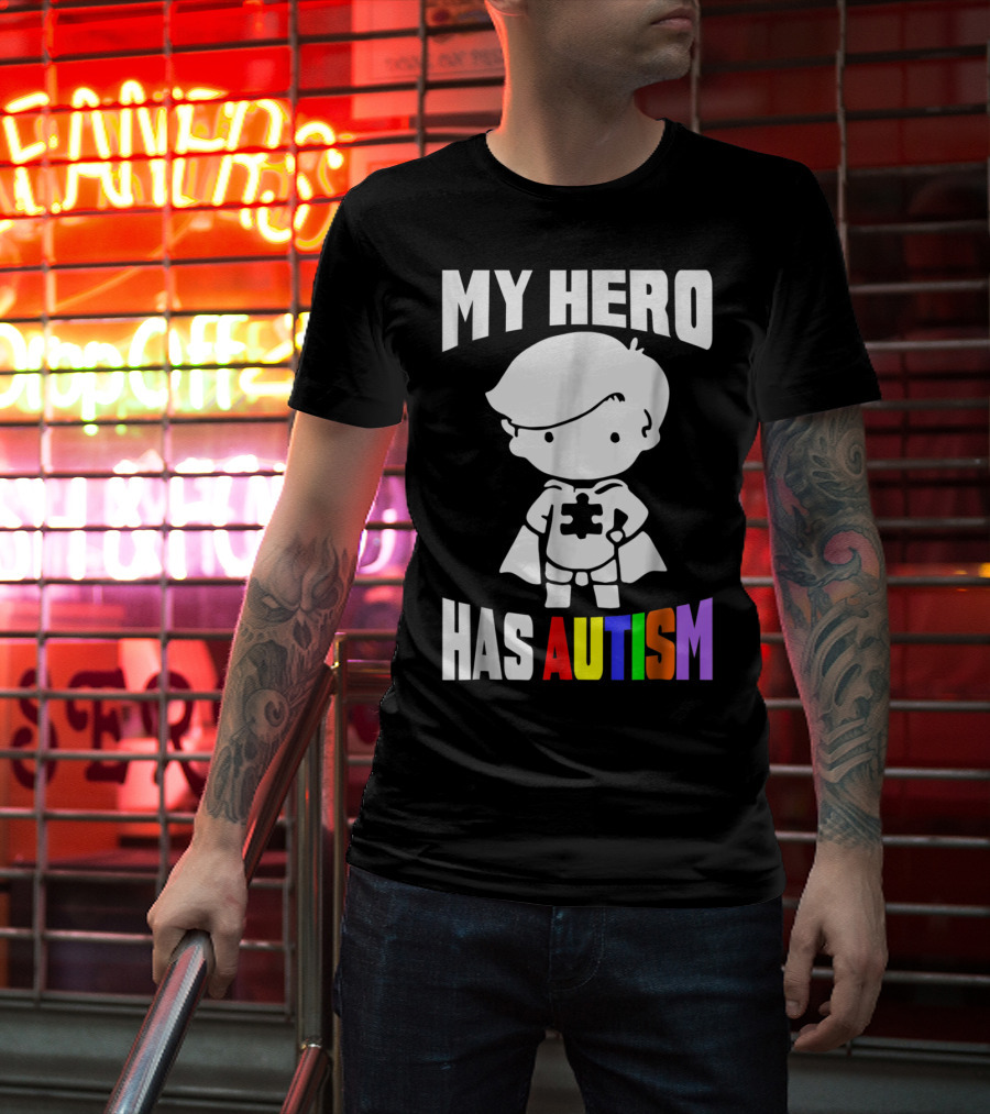 My Hero Has Autism Mom From Son56 Puzzle Cape Hero T-Shirt