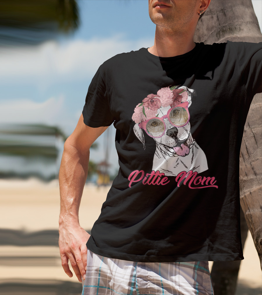 Pittie Mom With Flower Crown And Sunglasses Pitbull T-Shirt
