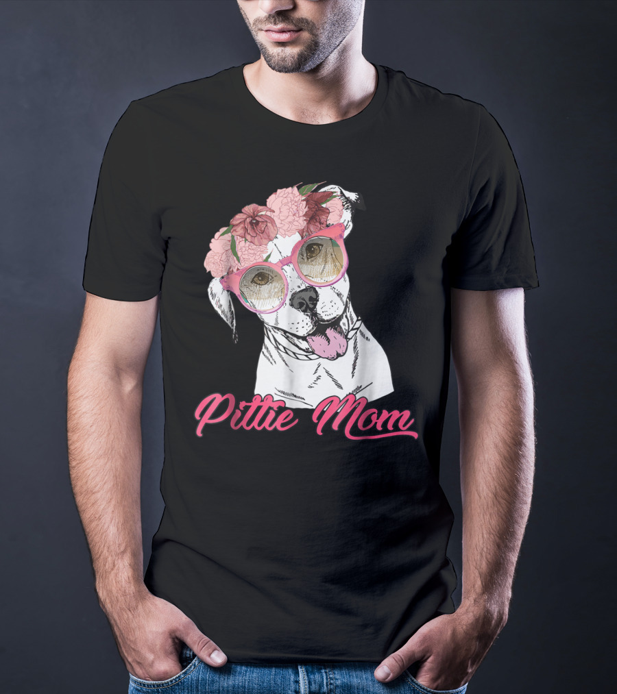 Pittie Mom With Flower Crown And Sunglasses Pitbull T-Shirt