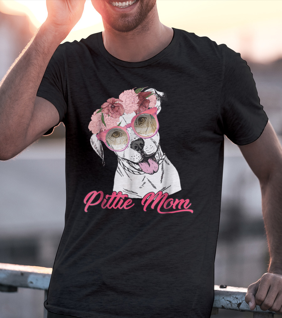 Pittie Mom With Flower Crown And Sunglasses Pitbull T-Shirt