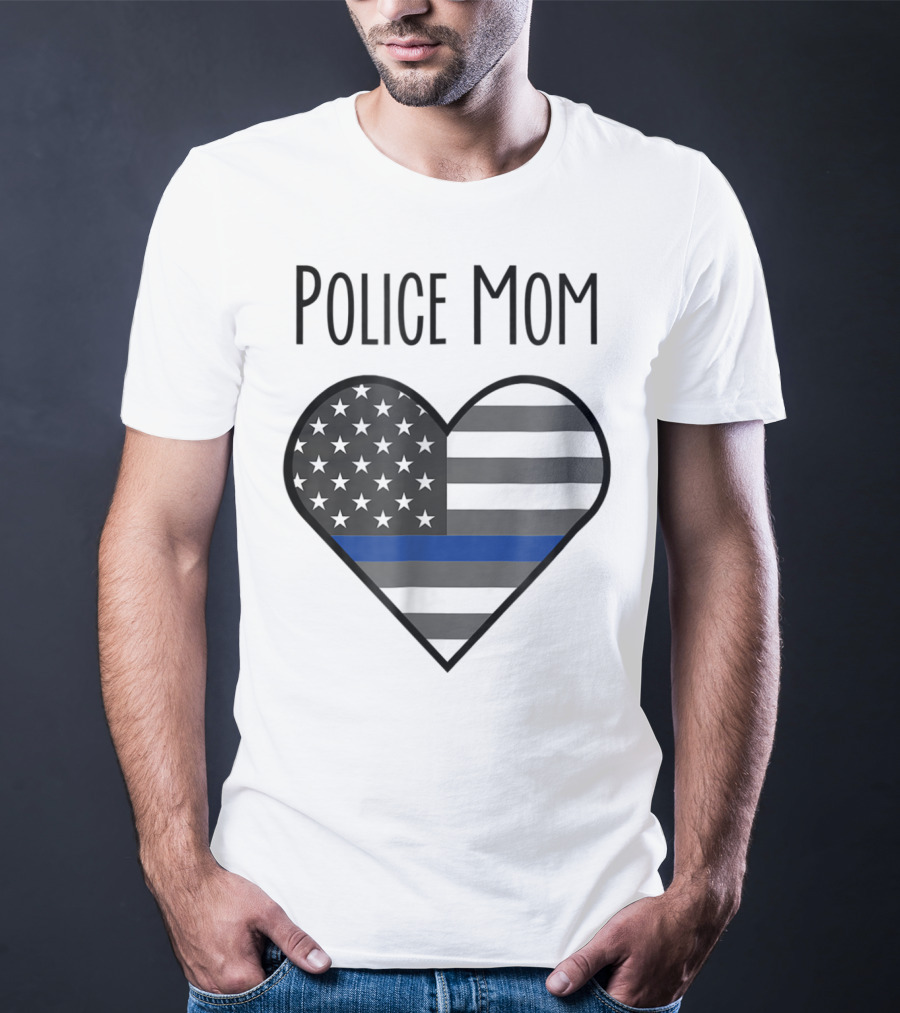 Police Mom Heart Thin Blue Line American Flag T-Shirt
