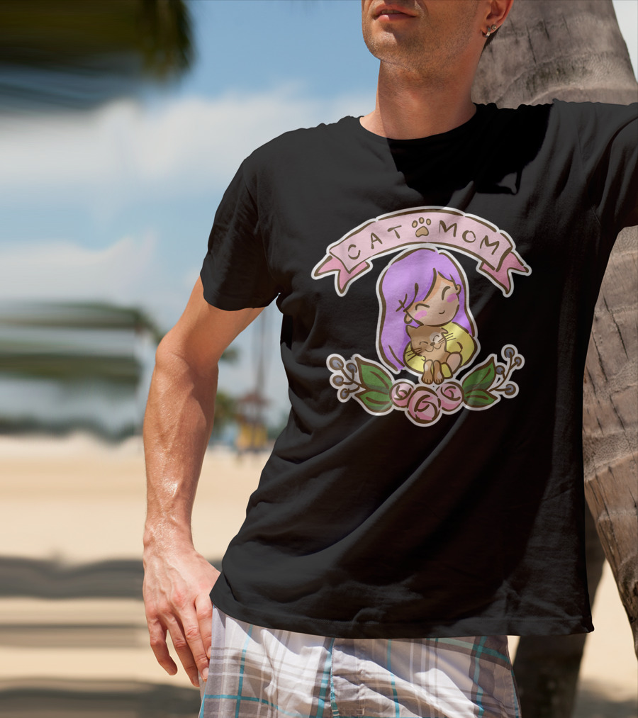 Cat Mom Cute Drawing With Purple Hair And Cat Hug T-Shirt