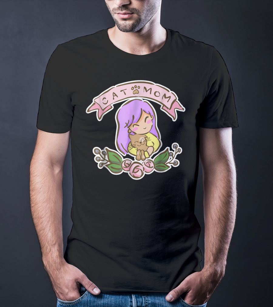 Cat Mom Cute Drawing With Purple Hair And Cat Hug T-Shirt