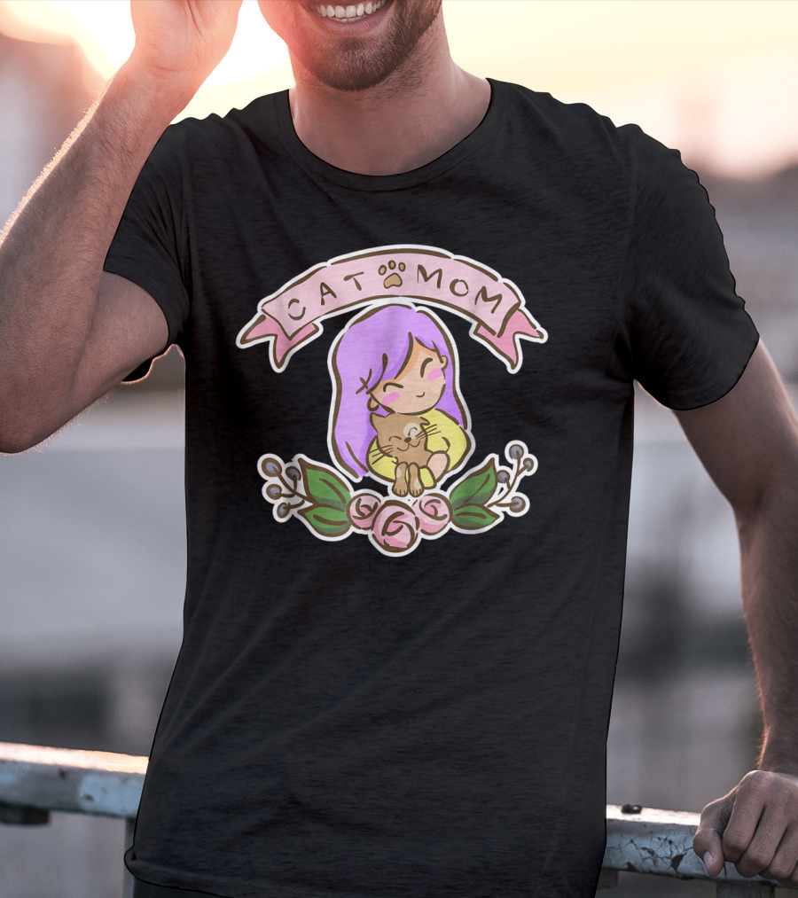 Cat Mom Cute Drawing With Purple Hair And Cat Hug T-Shirt