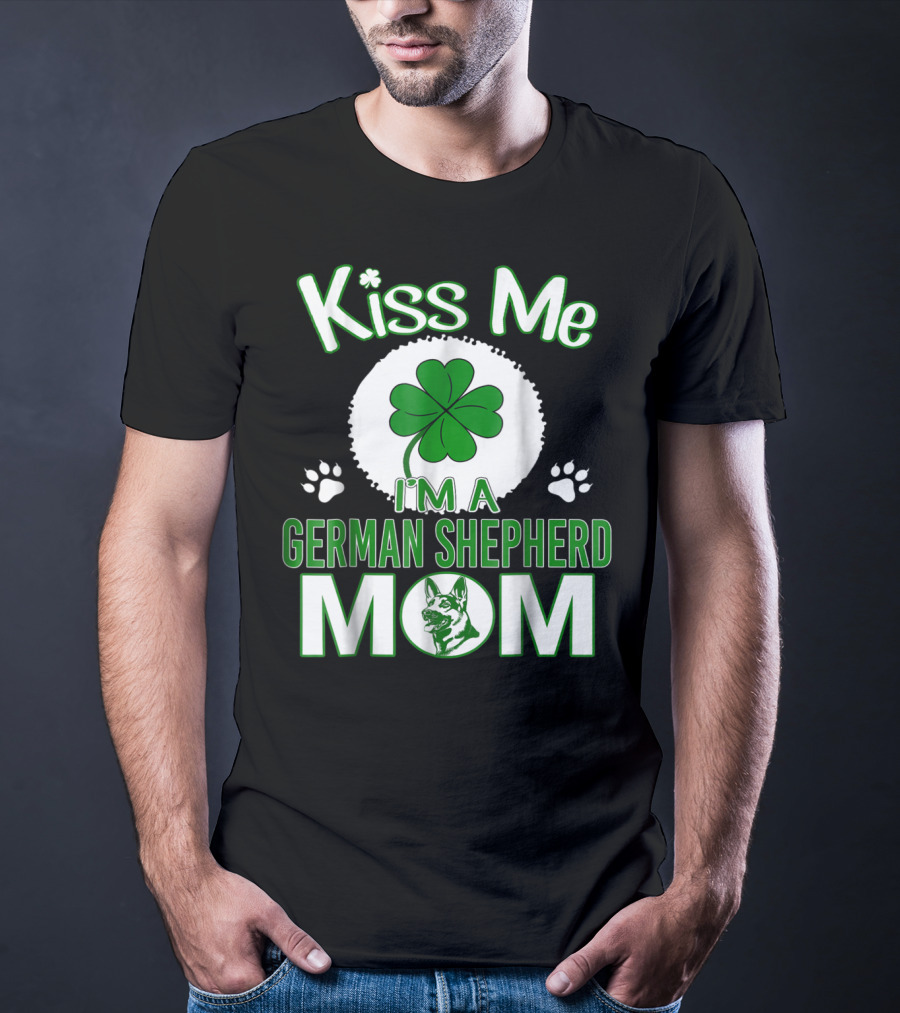 Kiss Me I'm A German Shepherd Mom Shamrock Paw Prints T-Shirt