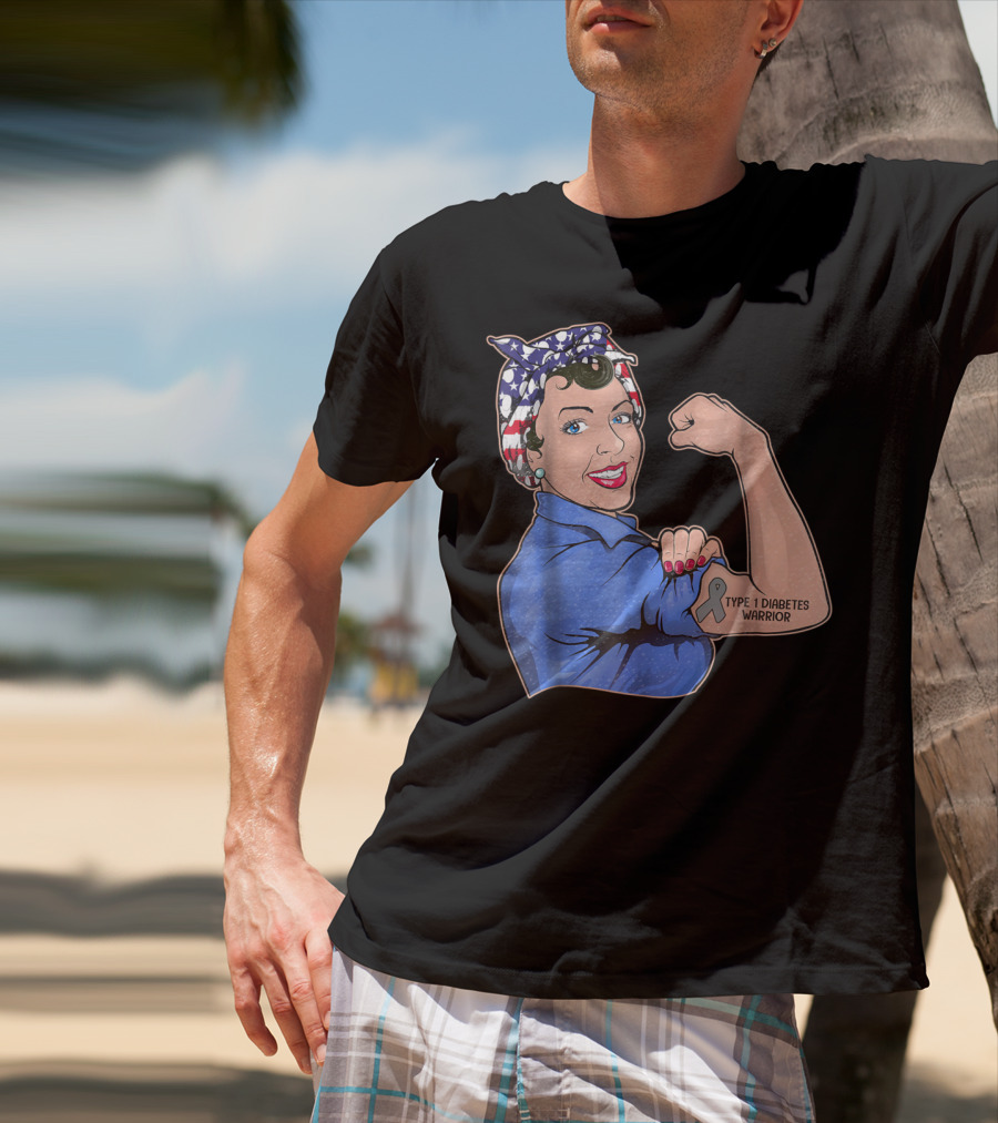 Type 1 Diabetes Warrior American Flag Rosie The Riveter Style Lady Girl35 T-Shirt
