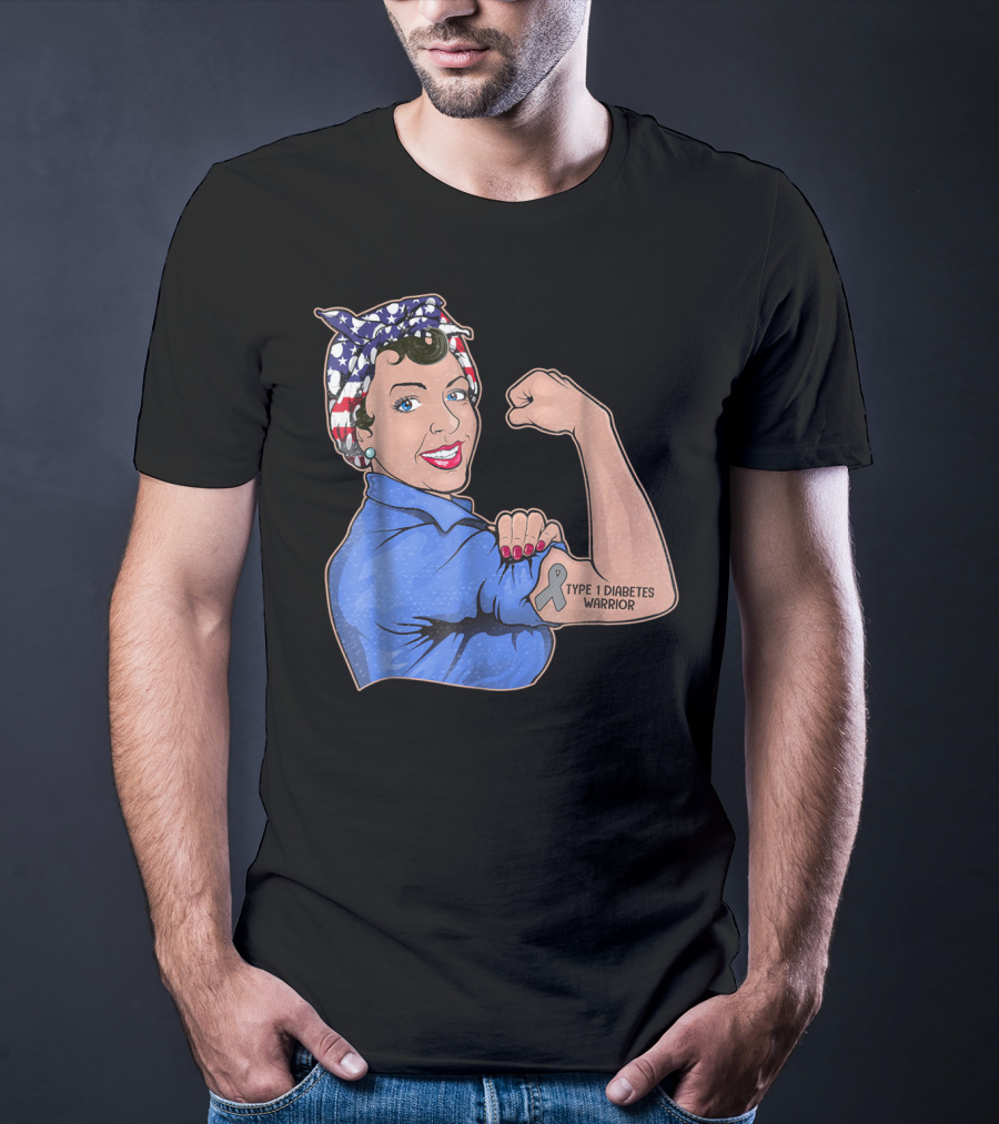 Type 1 Diabetes Warrior American Flag Rosie The Riveter Style Lady Girl35 T-Shirt