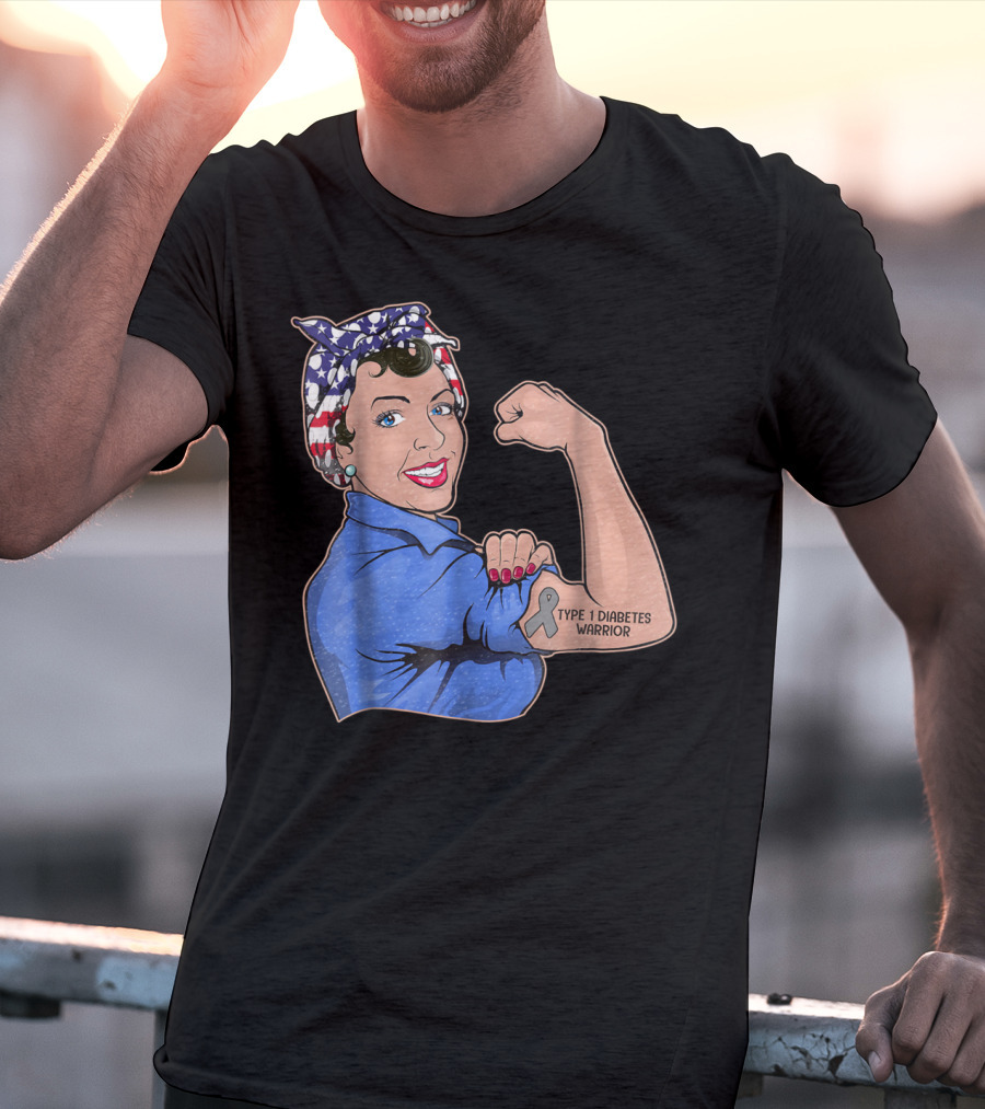 Type 1 Diabetes Warrior American Flag Rosie The Riveter Style Lady Girl35 T-Shirt