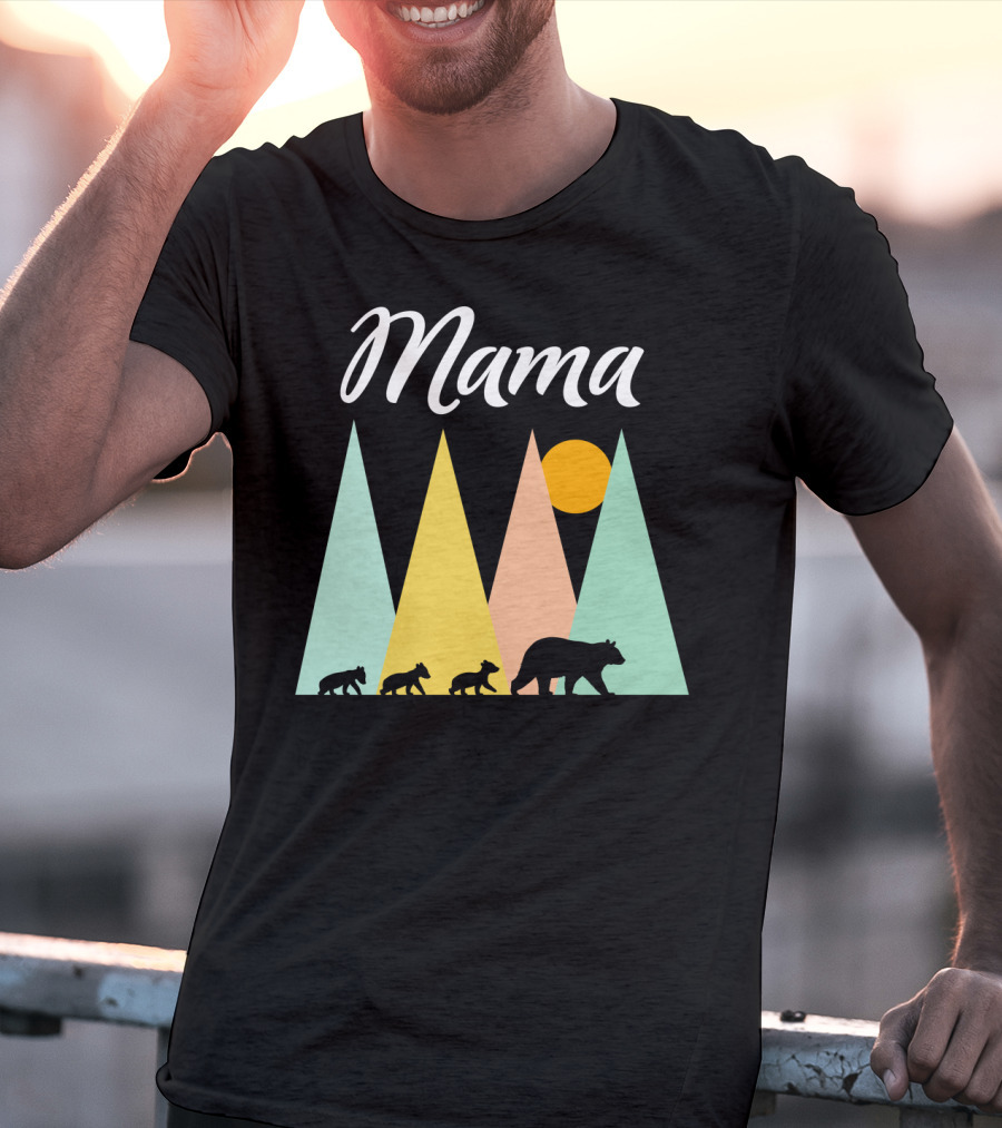Mama Bear With Three Cubs Camping In The Mountains T-Shirt