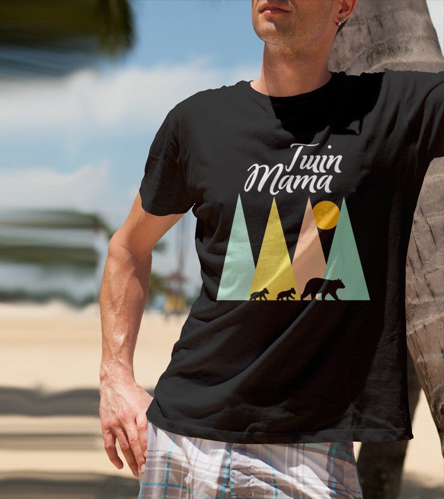 Twin Mama Bear With Cubs In Colorful Forest Scene T-Shirt