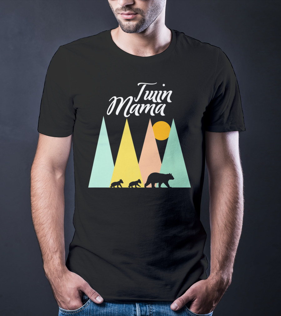 Twin Mama Bear With Cubs In Colorful Forest Scene T-Shirt