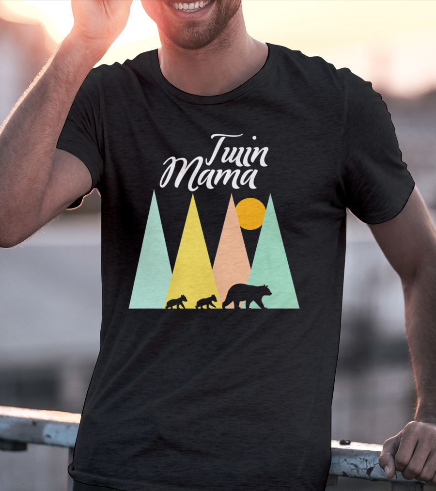 Twin Mama Bear With Cubs In Colorful Forest Scene T-Shirt