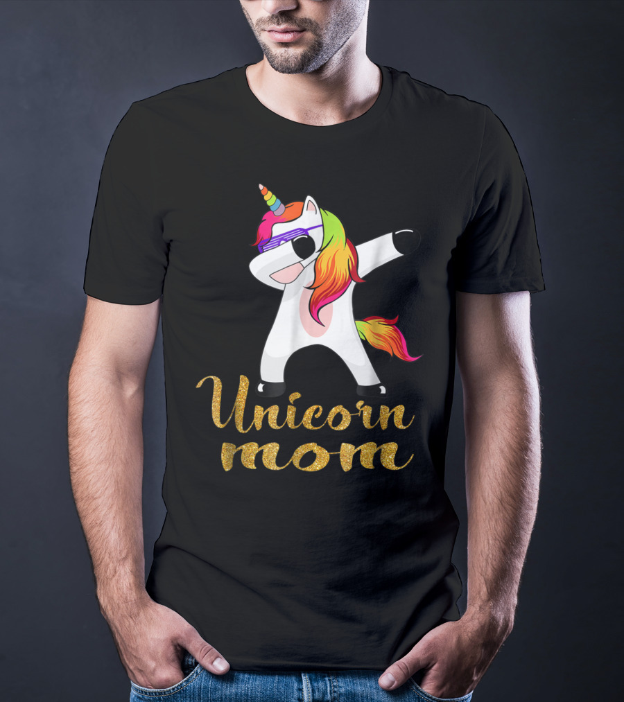 Unicorn Mom Glitter Text Rainbow Hair Dabbing Unicorn T-Shirt