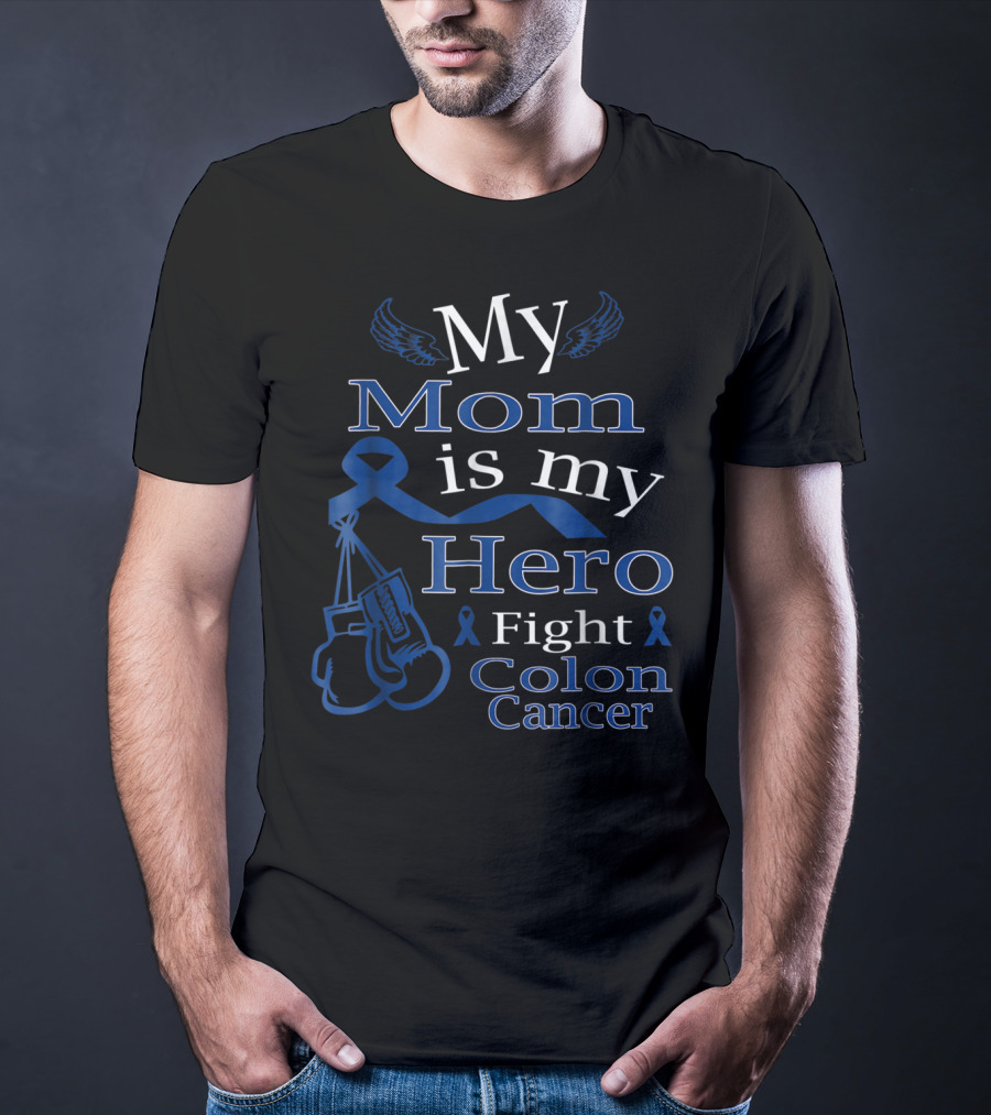 My Mom Is My Hero Fight Colon Cancer Blue Ribbon Boxing Gloves T-Shirt
