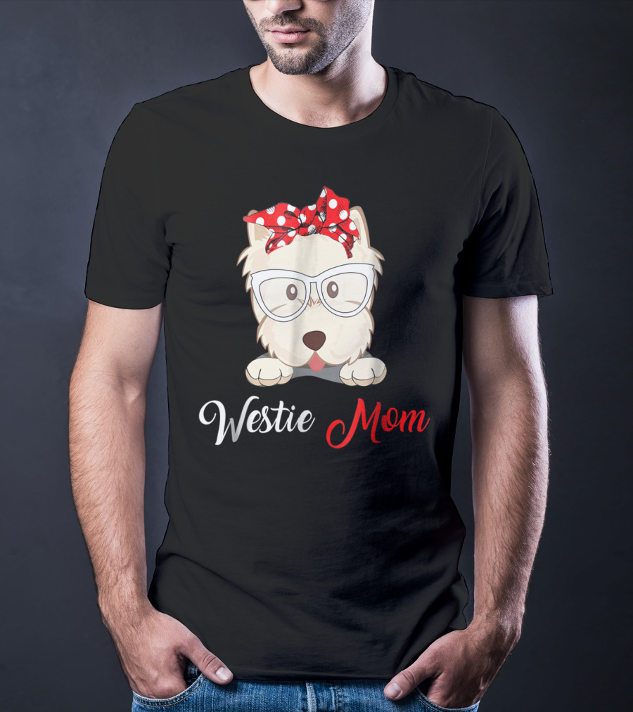 Westie Mom Glasses And Red Bow Dog Mom T-Shirt