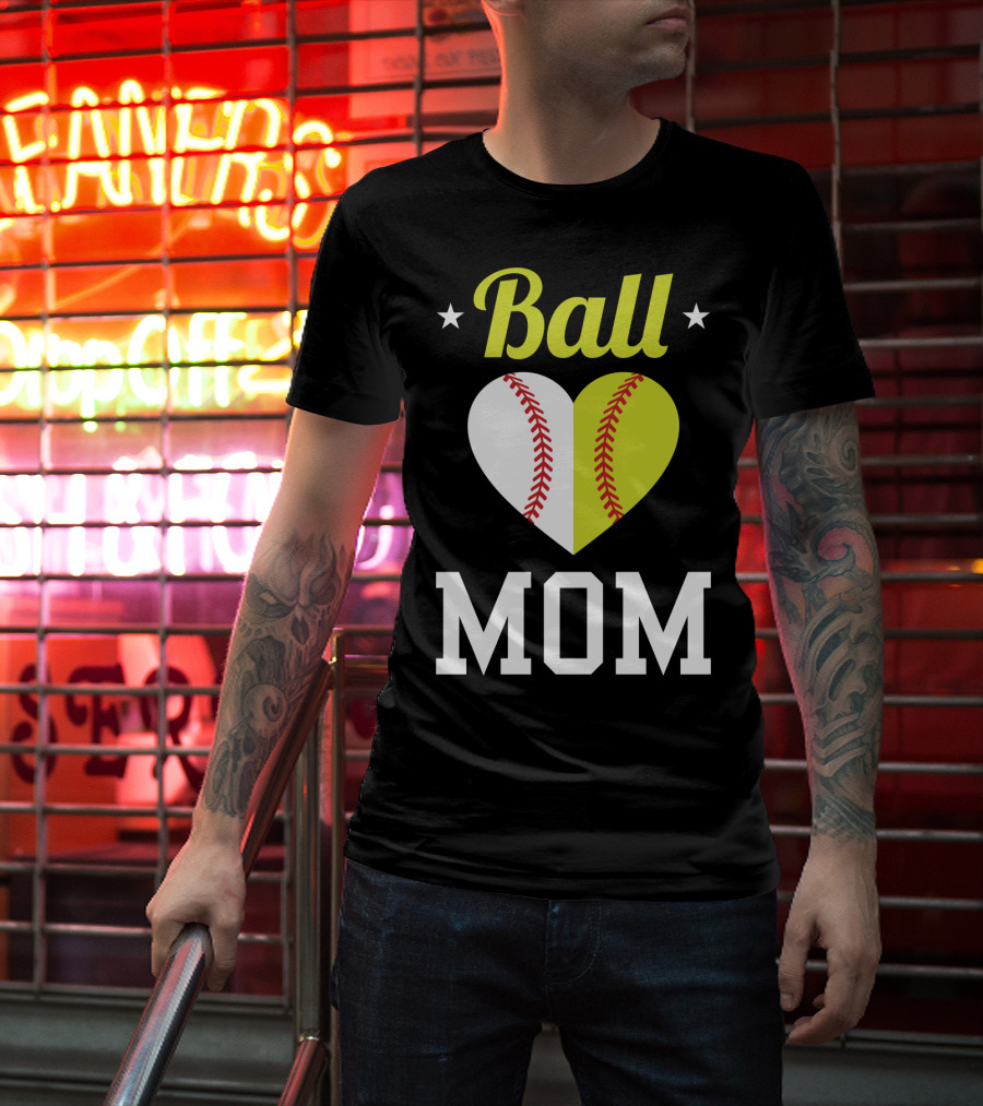 Ball Mom Heart Baseball Softball Dual Sports Mom T-Shirt