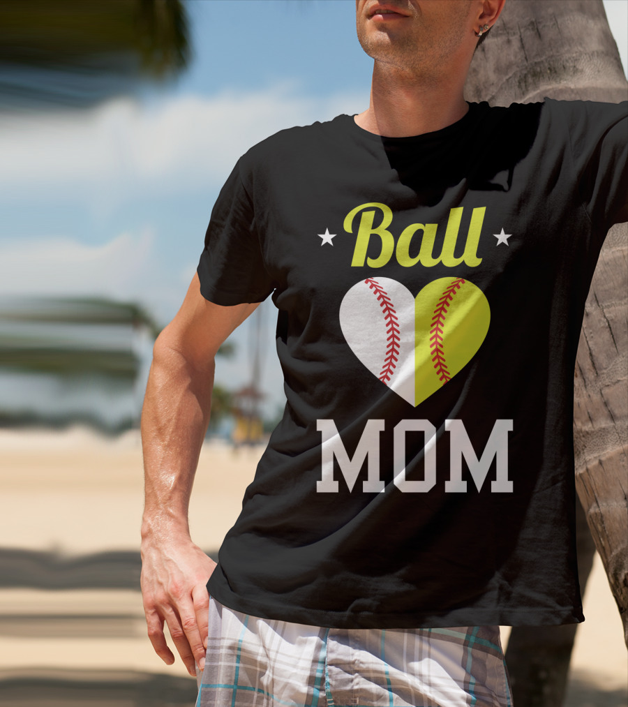Ball Mom Heart Baseball Softball Dual Sports Mom T-Shirt