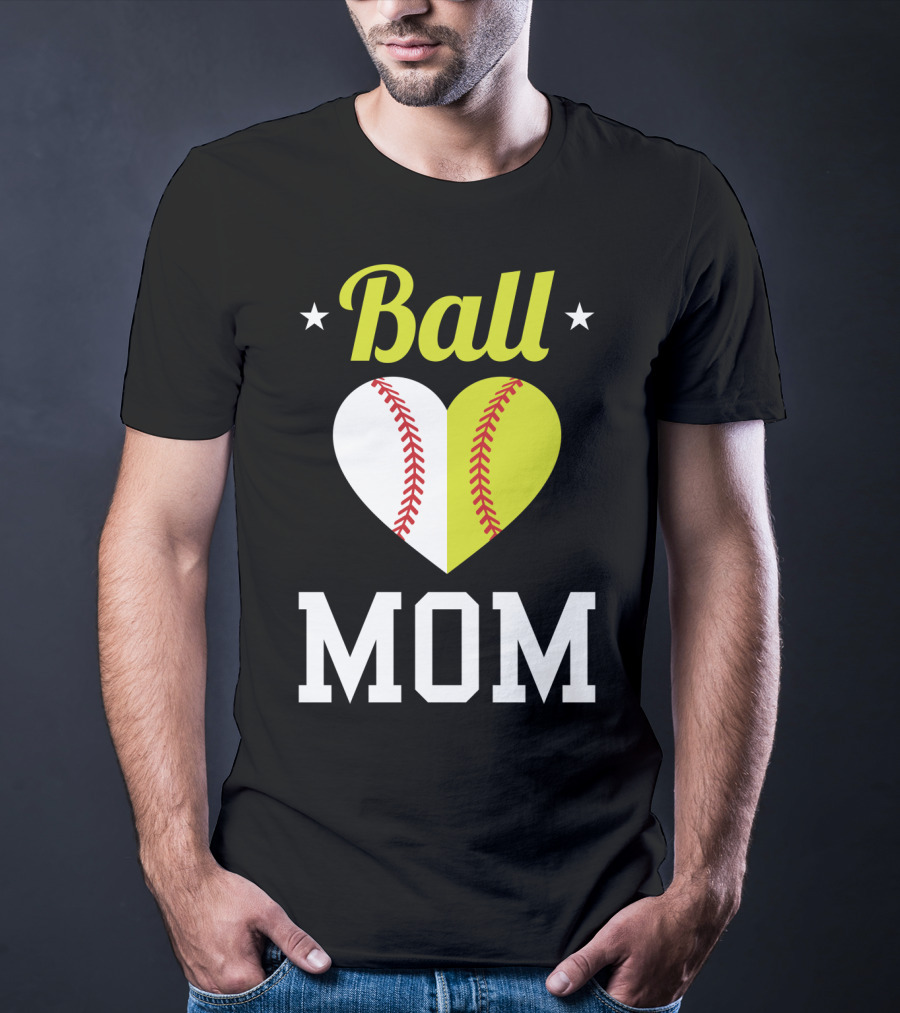 Ball Mom Heart Baseball Softball Dual Sports Mom T-Shirt