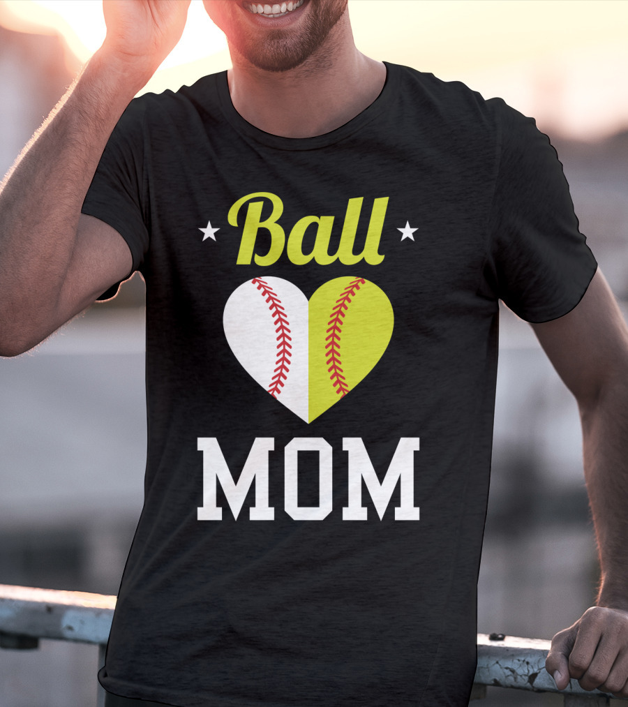Ball Mom Heart Baseball Softball Dual Sports Mom T-Shirt