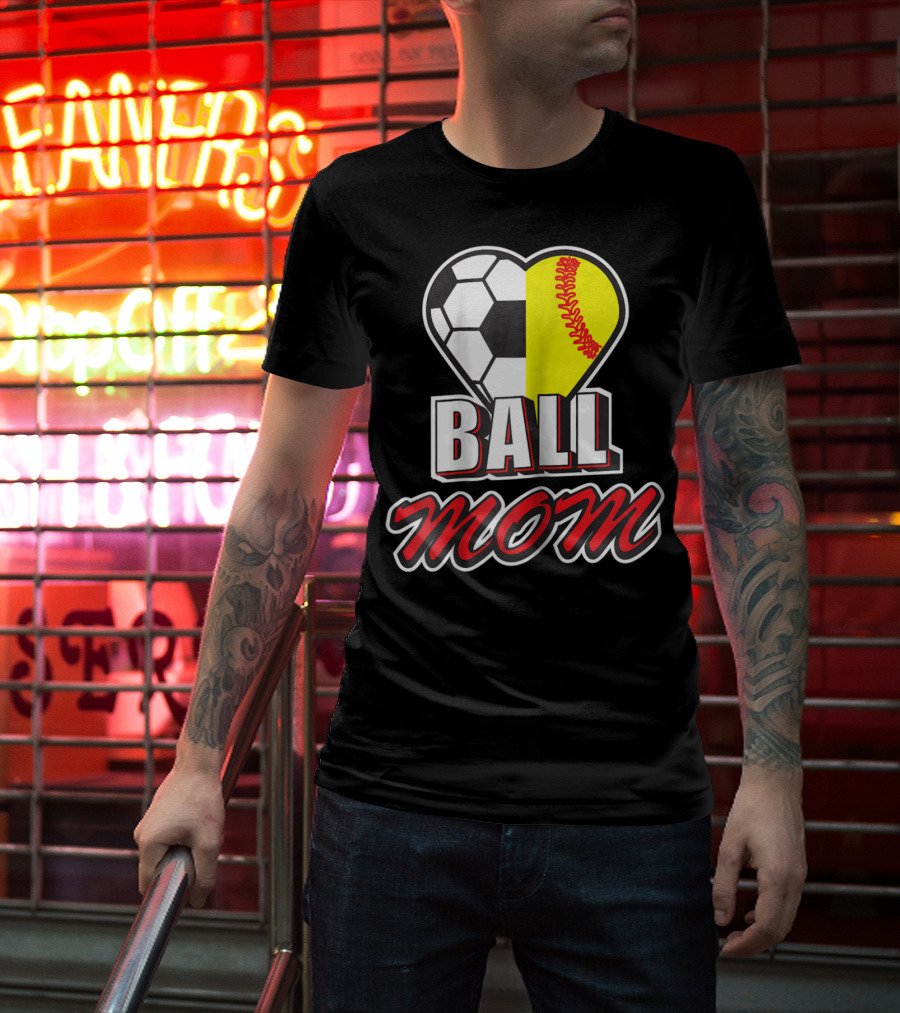 Ball Mom Love Soccer Softball Heart Tops T-Shirt
