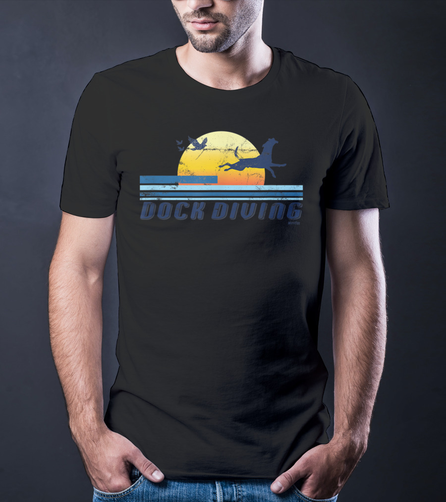 Dock Diving Jumping Dog Mom Dad Retro Sunset T-Shirt