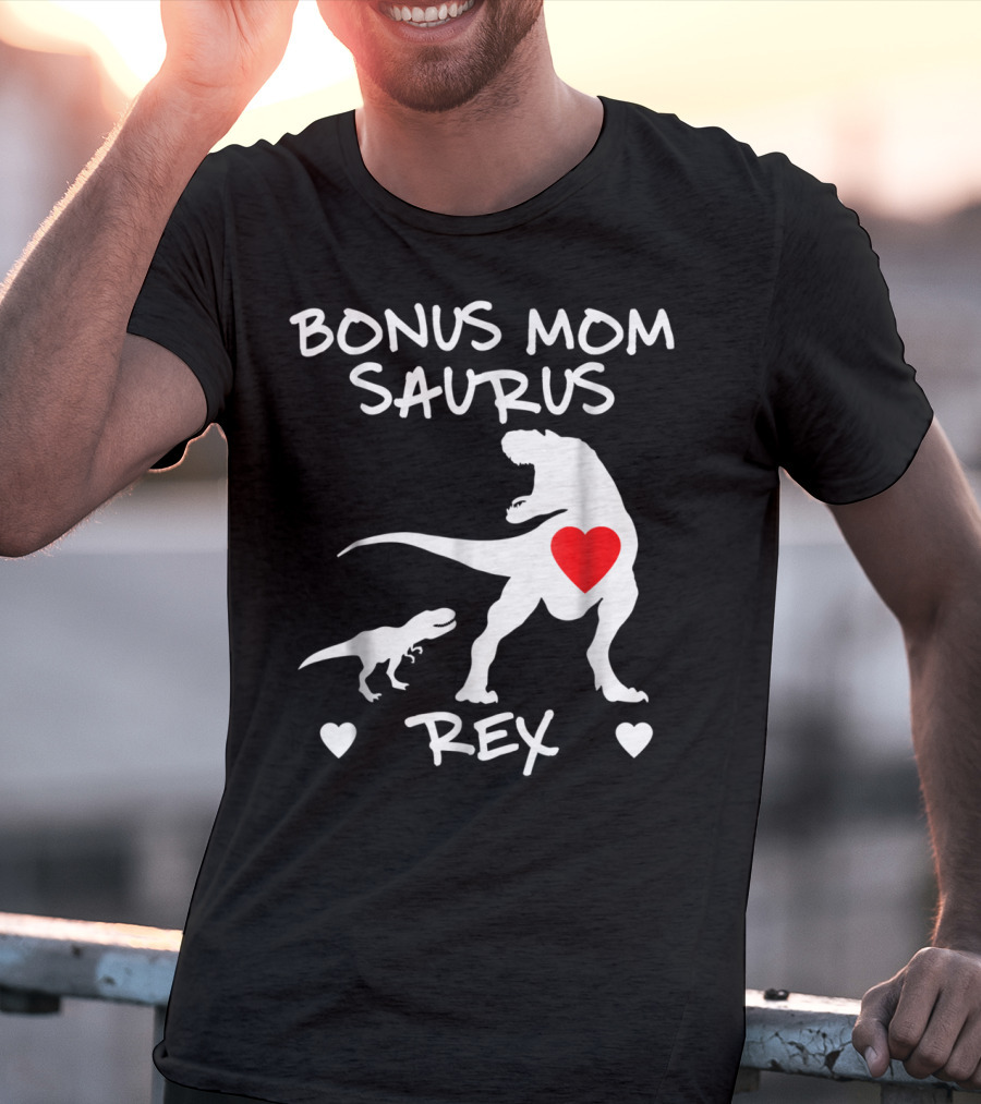 Bonus Mom Saurus Rex Dinosaur Hearts T-Shirt