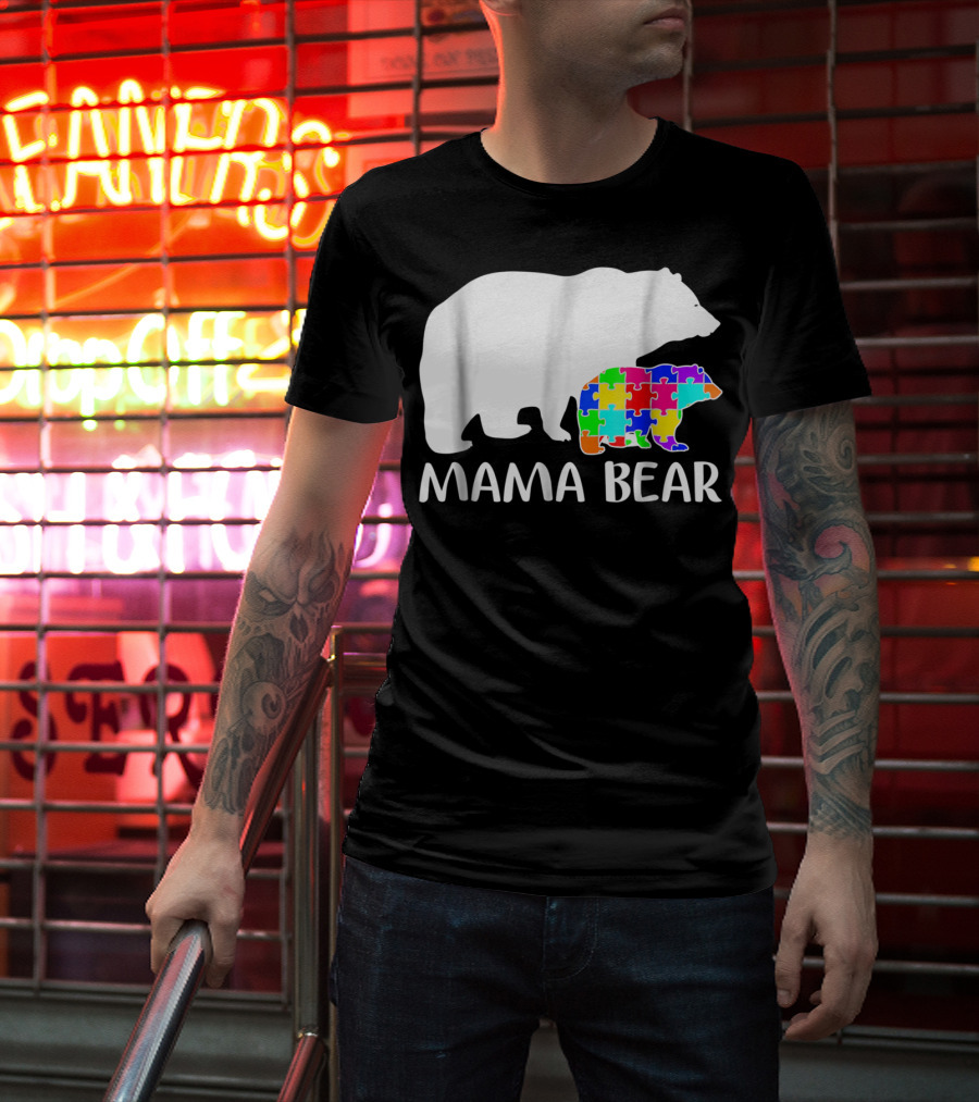 Mama Bear Puzzle Piece Autism Awareness Mother7 T-Shirt