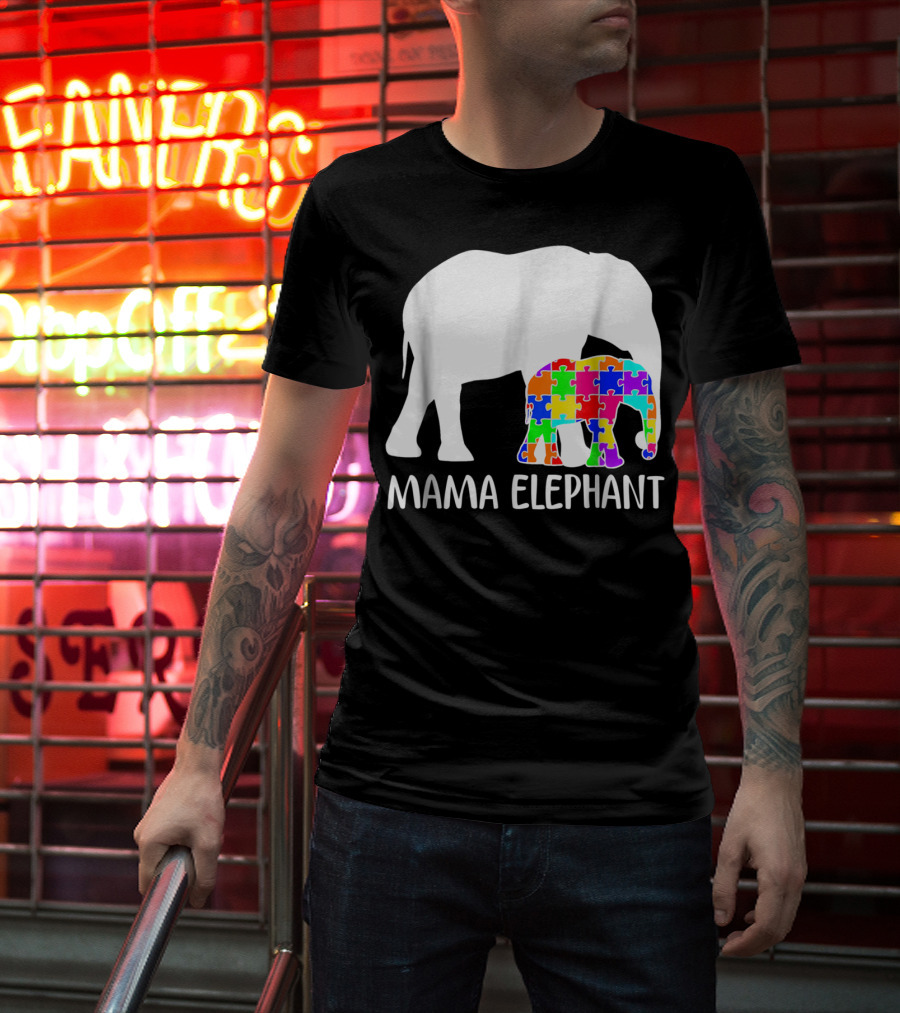 Mama Elephant Autism Awareness Puzzle Elephant Mother T-Shirt