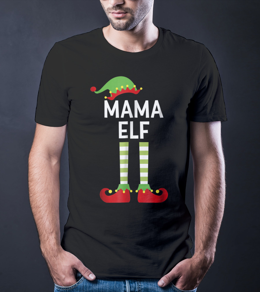 Mama Elf Mom Cute Matching Family Christmas Elves Green Hat Red Shoes Striped Socks T-Shirt
