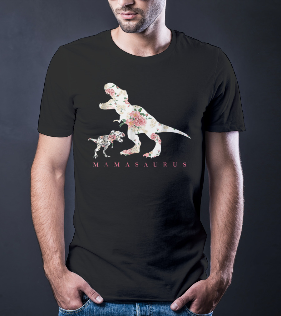 Mamasaurus Dinosaur With Floral And Puzzle Pattern For Autism Awareness T-Shirt