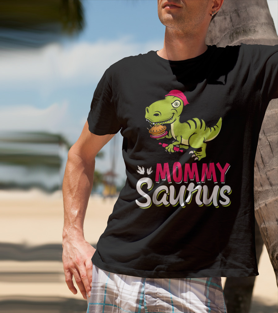 Mommy Saurus T-Rex Dinosaur With Burger And Red Bandana T-Shirt