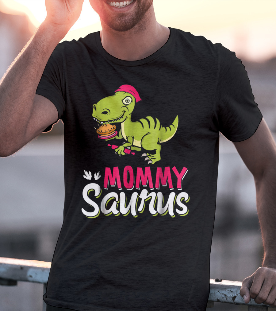 Mommy Saurus T-Rex Dinosaur With Burger And Red Bandana T-Shirt