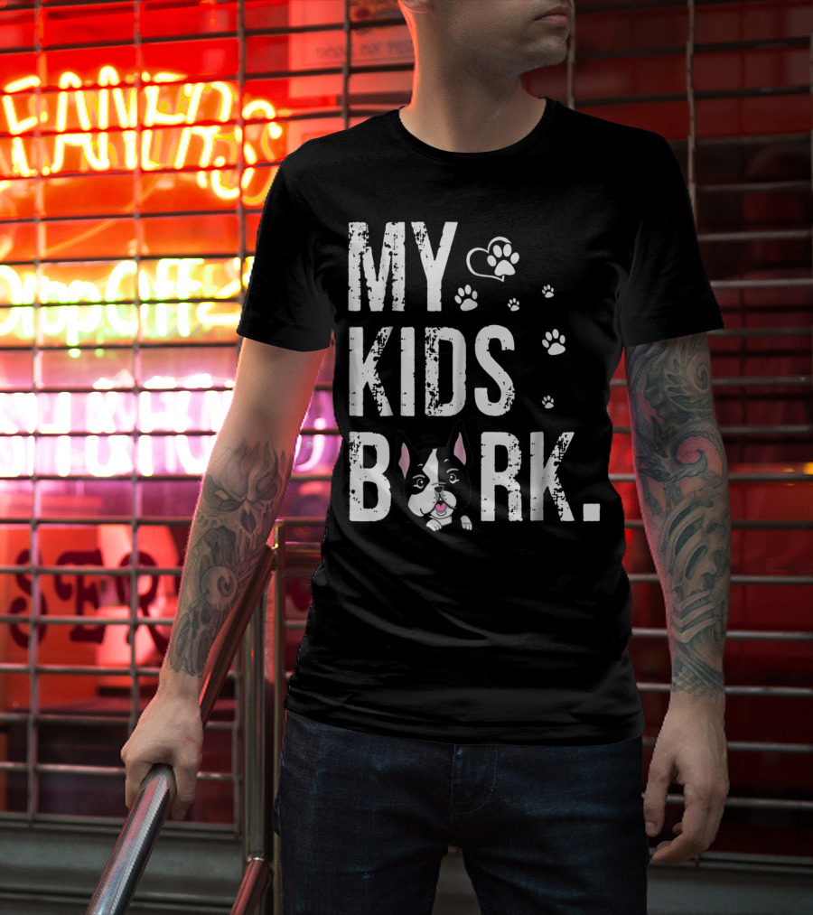 MY KIDS BARK Dog Paws Heart Icon Boston Terrier T-Shirt