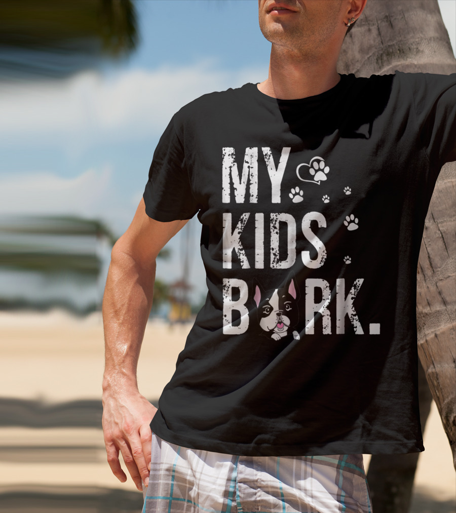 MY KIDS BARK Dog Paws Heart Icon Boston Terrier T-Shirt
