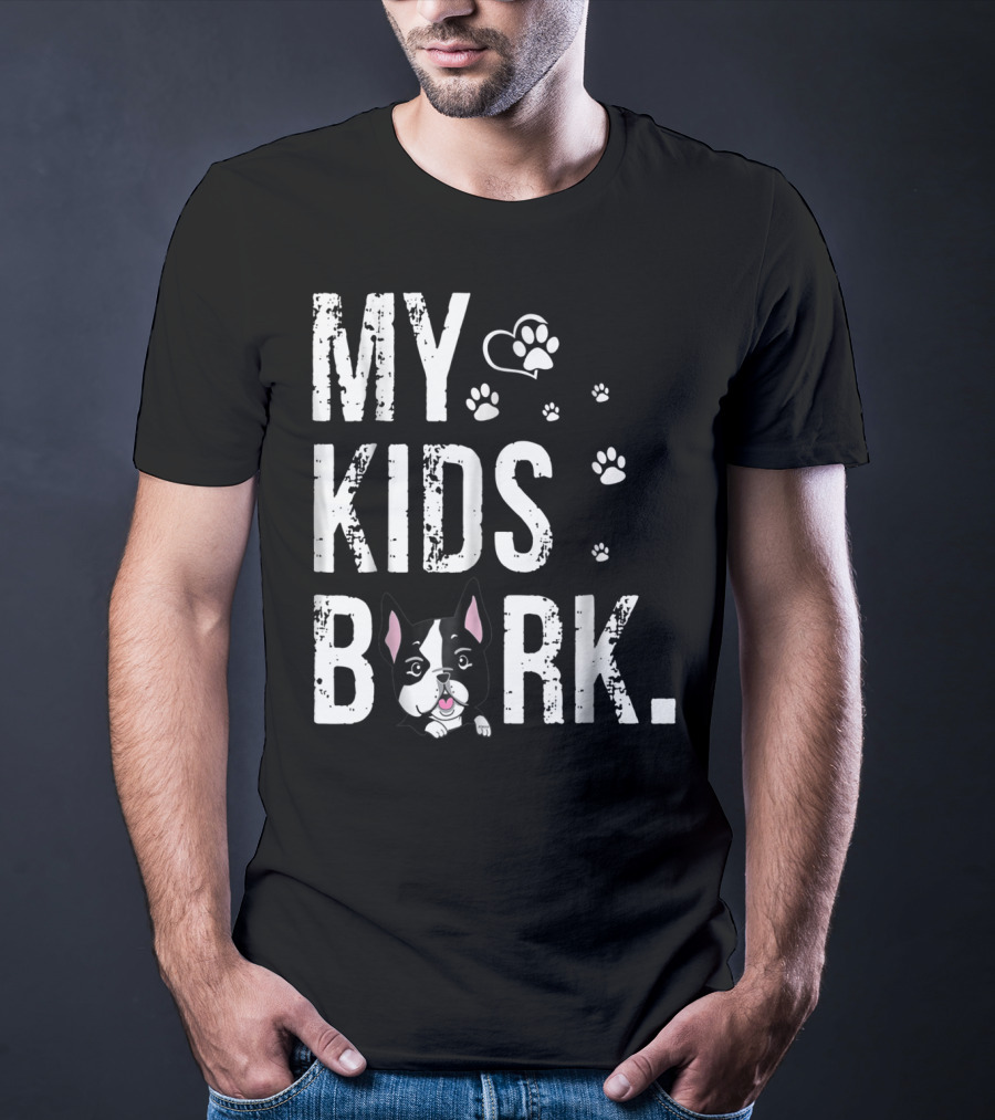 MY KIDS BARK Dog Paws Heart Icon Boston Terrier T-Shirt