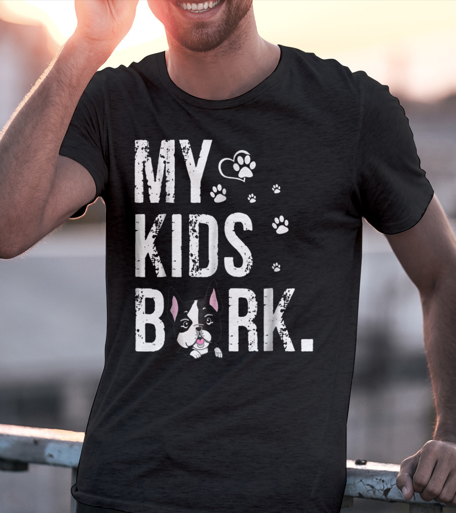 MY KIDS BARK Dog Paws Heart Icon Boston Terrier T-Shirt