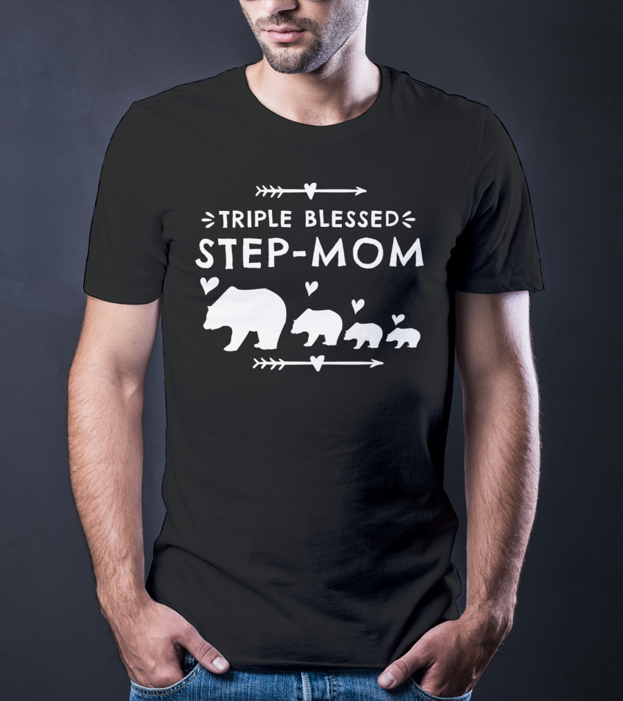 Triple Blessed Step-Mom Bear With Heart And Arrow Motif T-Shirt
