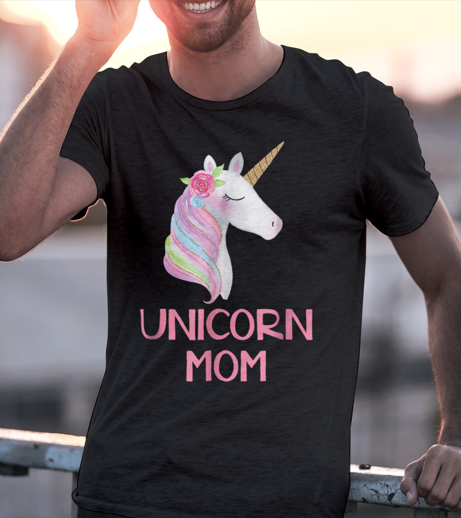 Unicorn Mom Watercolor Pink Flowers And Gold Horn Rainbow Mane T-Shirt