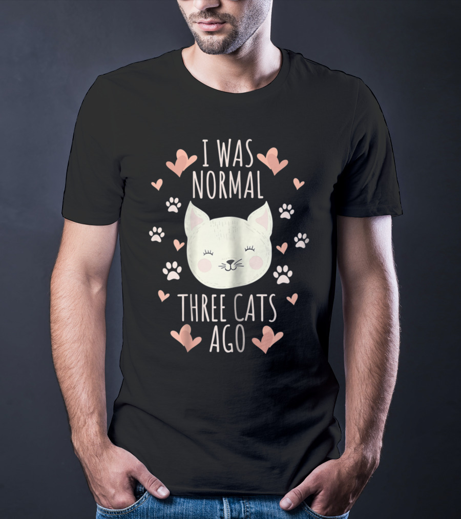 I Was Normal Three Cats Ago Cat Mom Crazy Cat Lady Hearts And Paw Prints T-Shirt