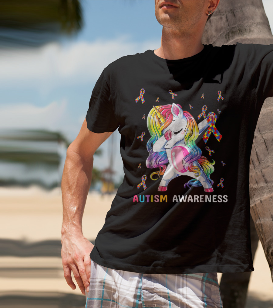 Autism Awareness Unicorn Dabbing With Rainbow Puzzle Ribbons T-Shirt