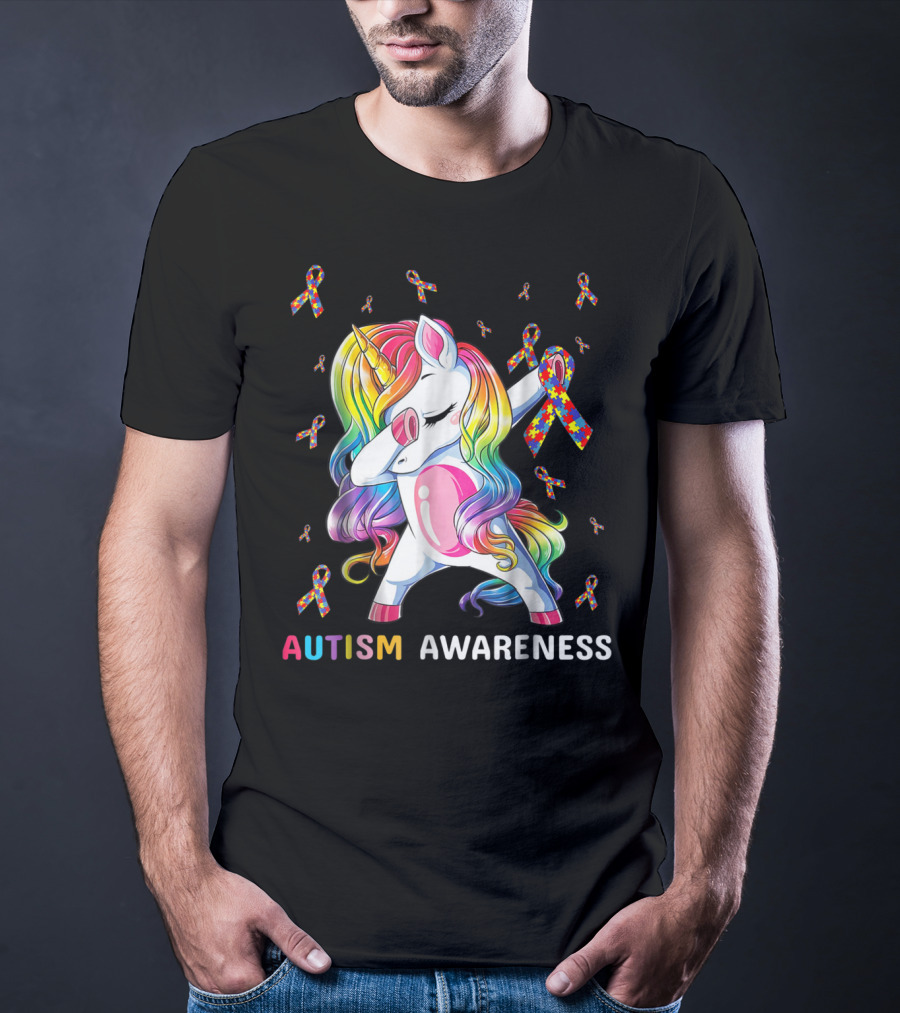 Autism Awareness Unicorn Dabbing With Rainbow Puzzle Ribbons T-Shirt